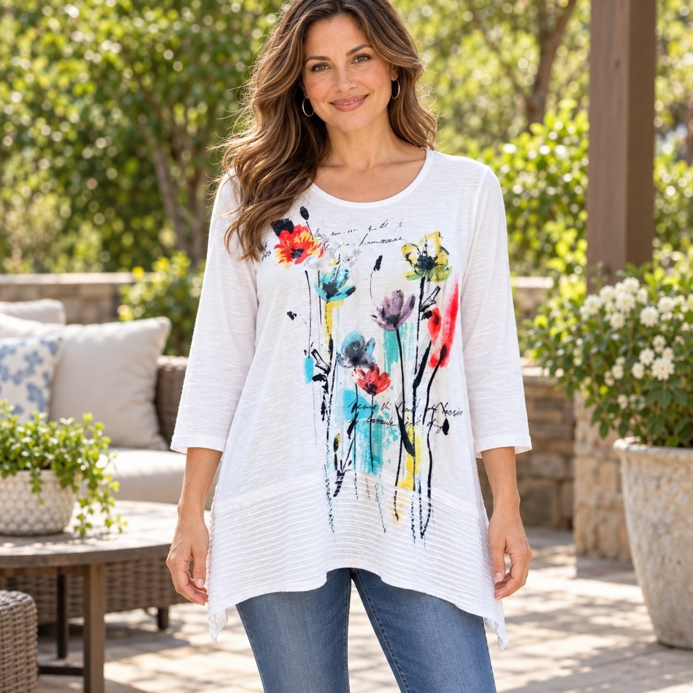 NEW Jess & Jane Small Tunic Top "Sierra"NWT Floral 3/4 Sleeve 100% Cotton